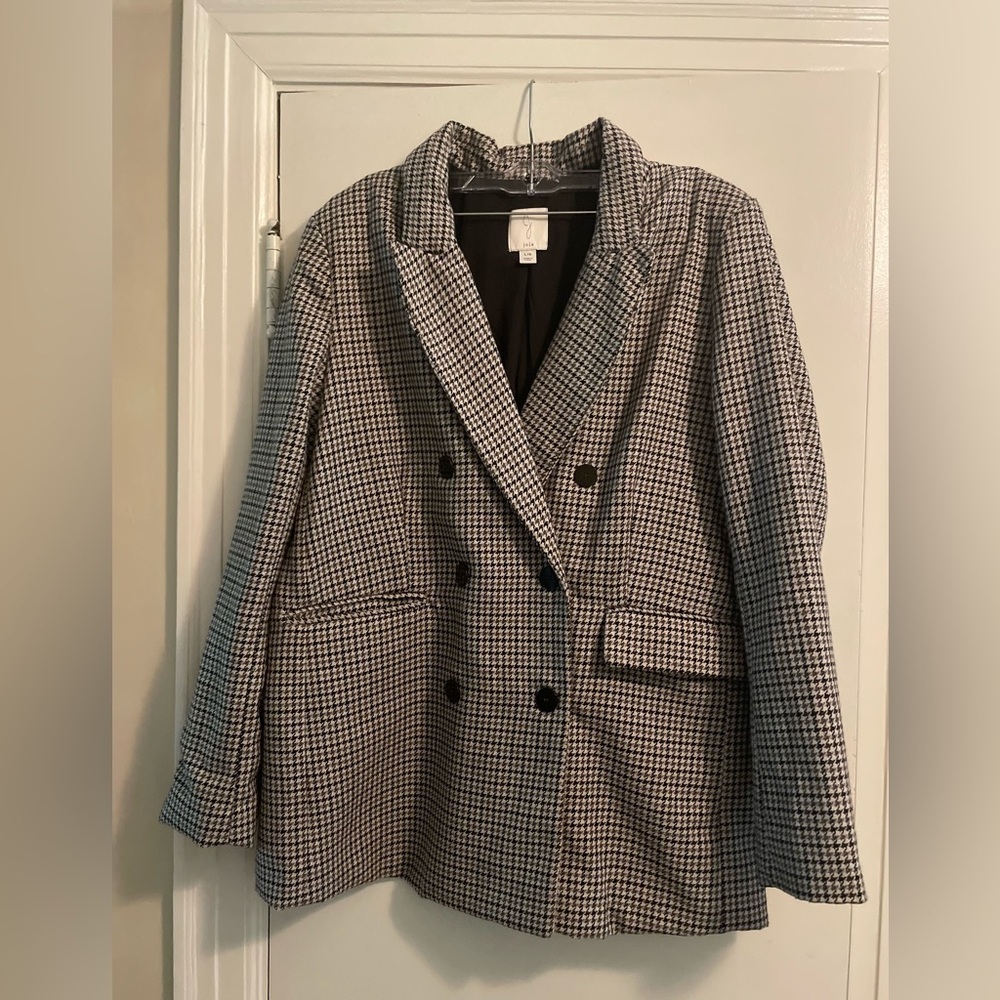 Joie Houndstooth Neutral Double Breasted Wool Blend Blazer Coat Jacket Large